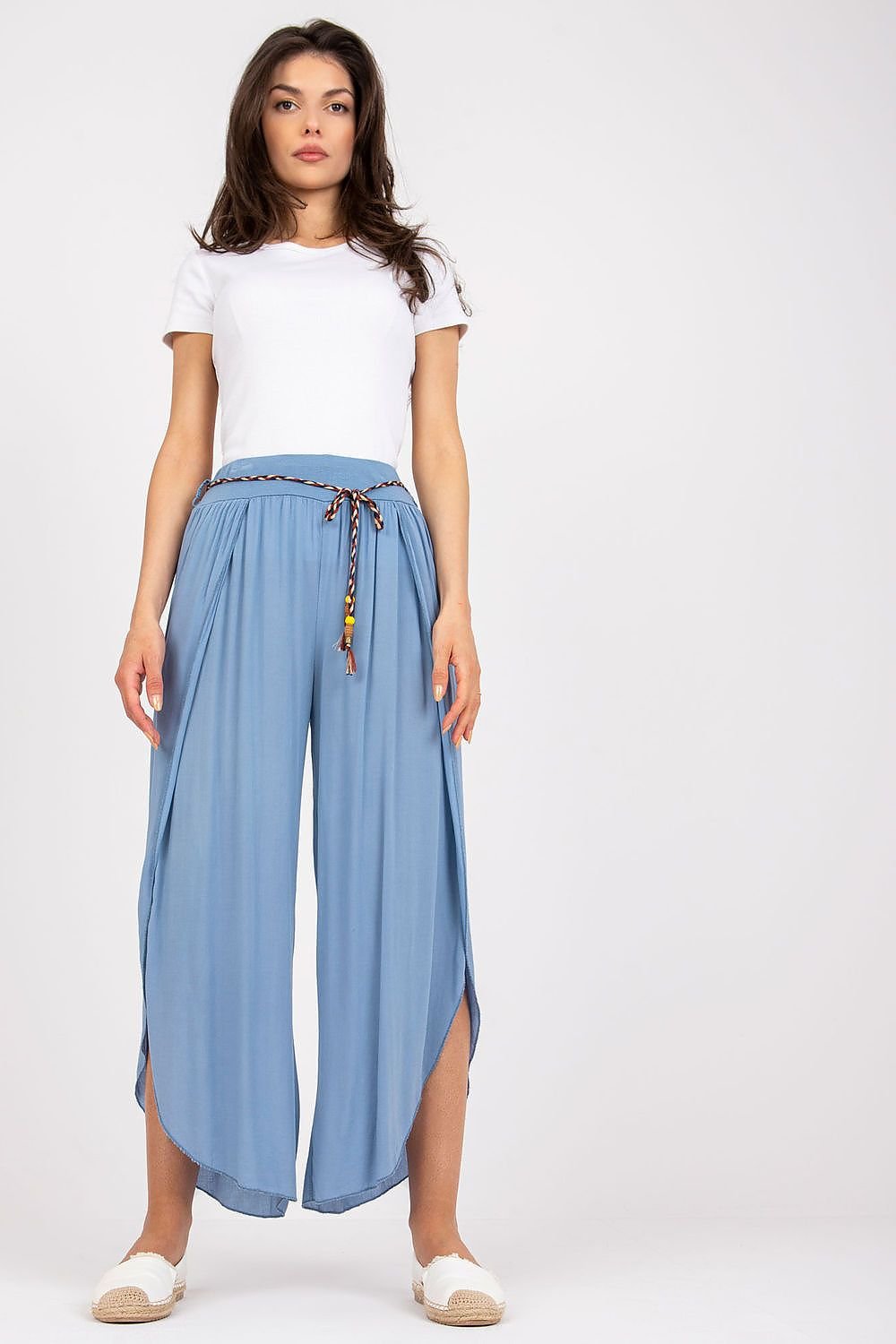 High-Waisted Boho-Style Seamed Pants with Wide Legs and Waist Tie