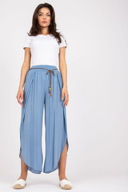 High-Waisted Boho-Style Seamed Pants with Wide Legs and Waist Tie