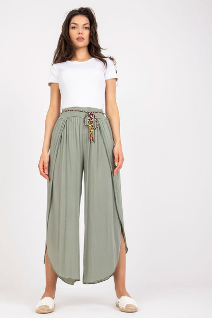 High-Waisted Boho-Style Seamed Pants with Wide Legs and Waist Tie