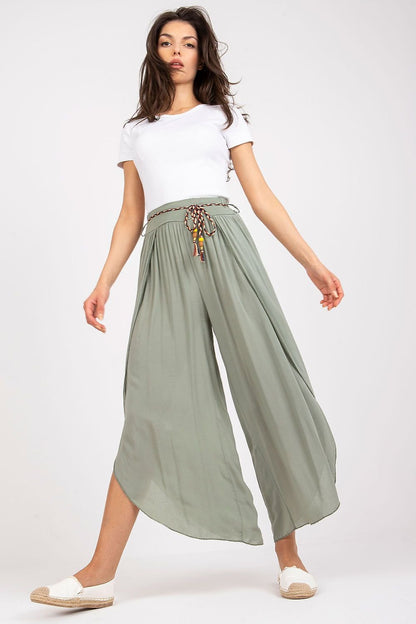 High-Waisted Boho-Style Seamed Pants with Wide Legs and Waist Tie