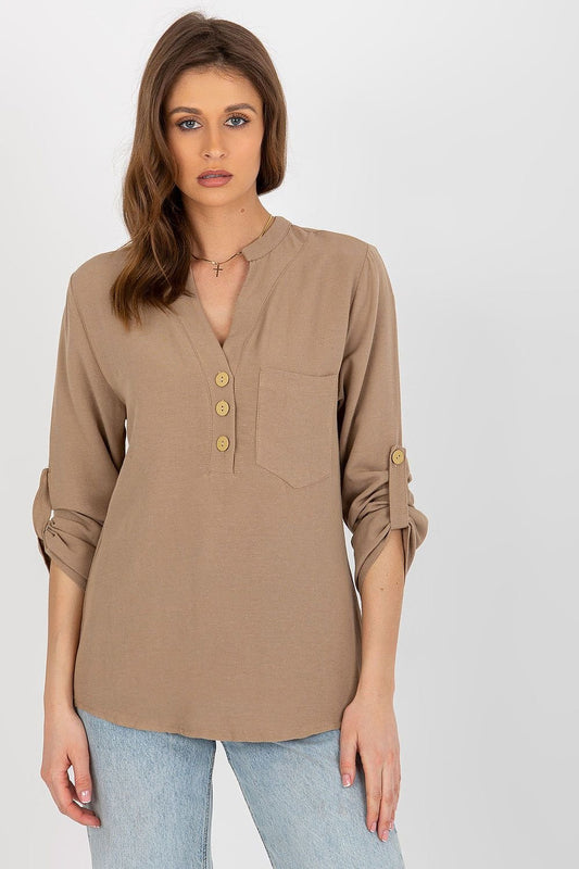 Shirt-Style Blouse with Heart-Shaped Neckline and Decorative Clasp