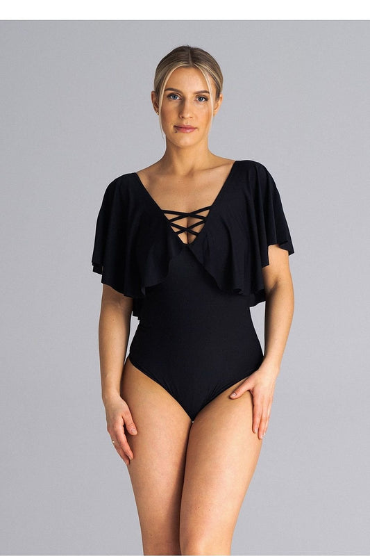 Sophisticated Shapewear Bodysuit with Heart Neckline & Ruffle Shoulders