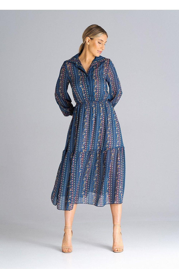 Flared Midi Dress with Long Crinkled Sleeves and Ruffle Hem - Ludowika 