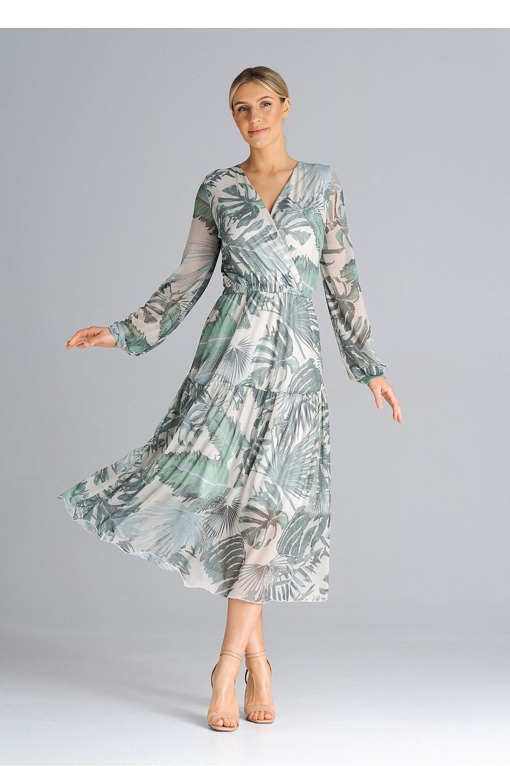 Flared Midi Dress with Long Sleeves and Pleated Waist