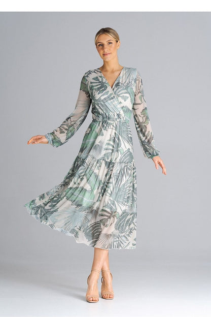 Flared Midi Dress with Long Sleeves and Pleated Waist