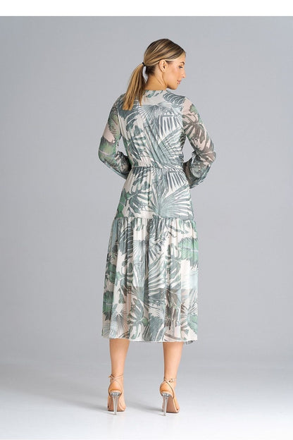 Flared Midi Dress with Long Sleeves and Pleated Waist