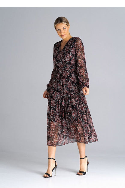 Flared Midi Dress with Long Sleeves and Pleated Waist