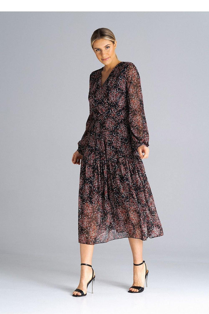 Flared Midi Dress with Long Sleeves and Pleated Waist - Ludowika 