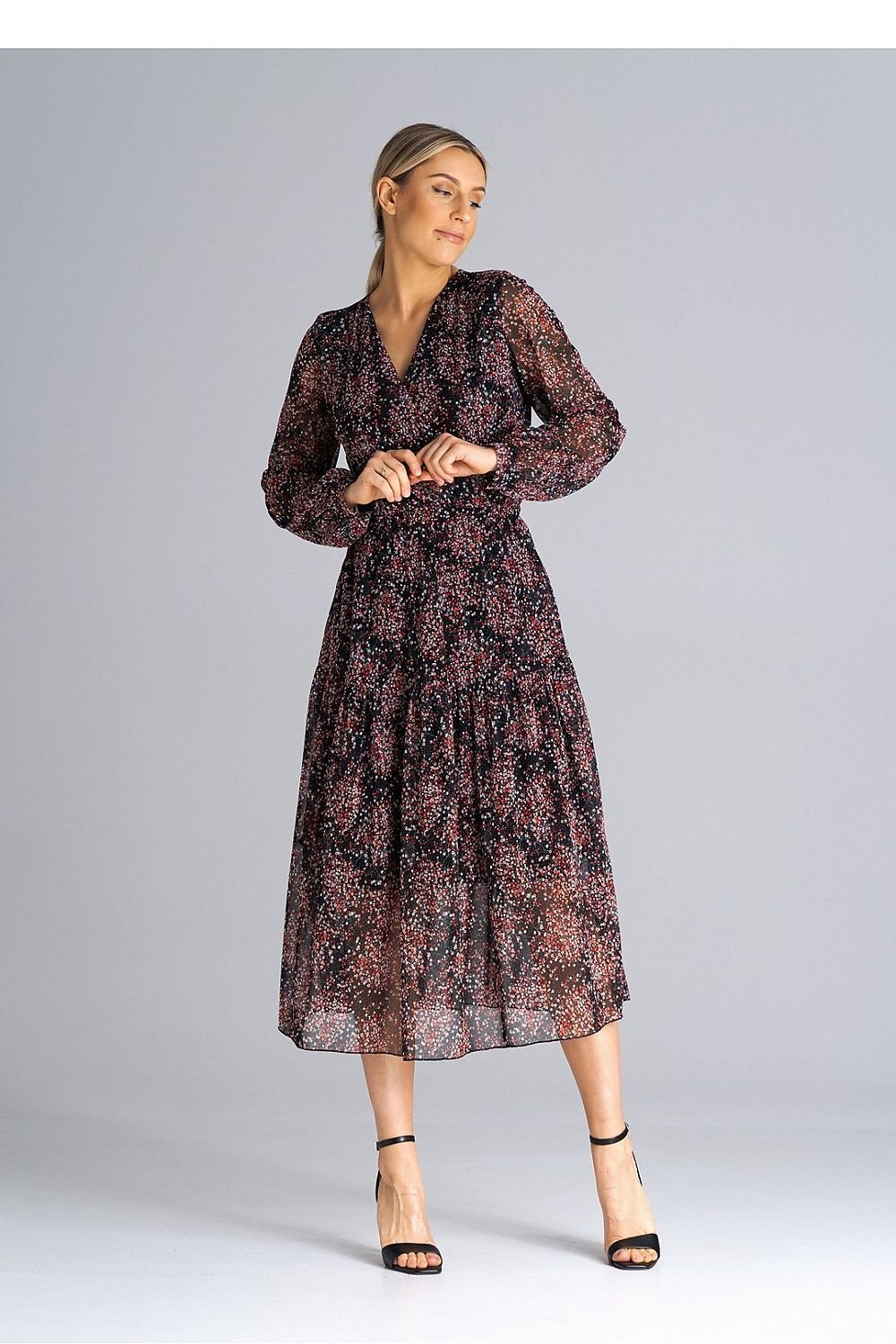 Flared Midi Dress with Long Sleeves and Pleated Waist