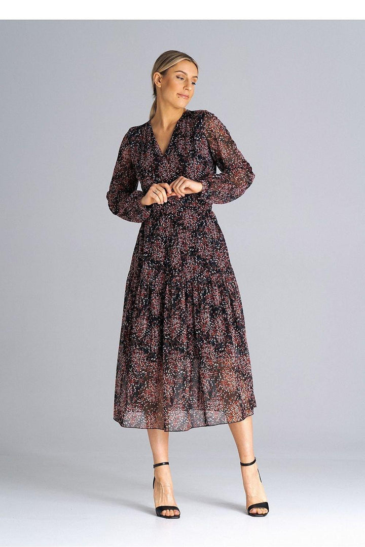 Flared Midi Dress with Long Sleeves and Pleated Waist - Ludowika 