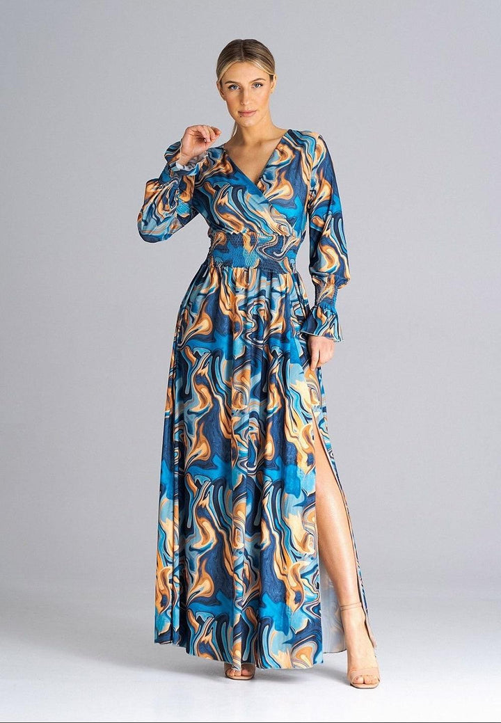 Elegant Buffet Sleeve Maxi Dress with Side Slit and Overlapped Neckline - Ludowika 
