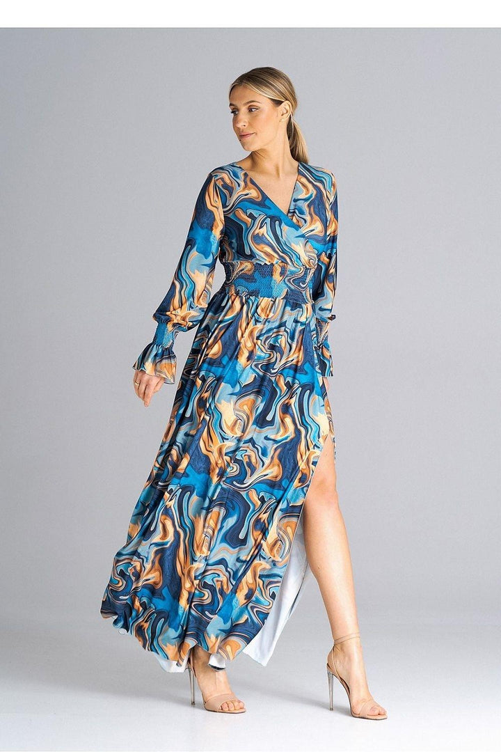 Elegant Buffet Sleeve Maxi Dress with Side Slit and Overlapped Neckline - Ludowika 