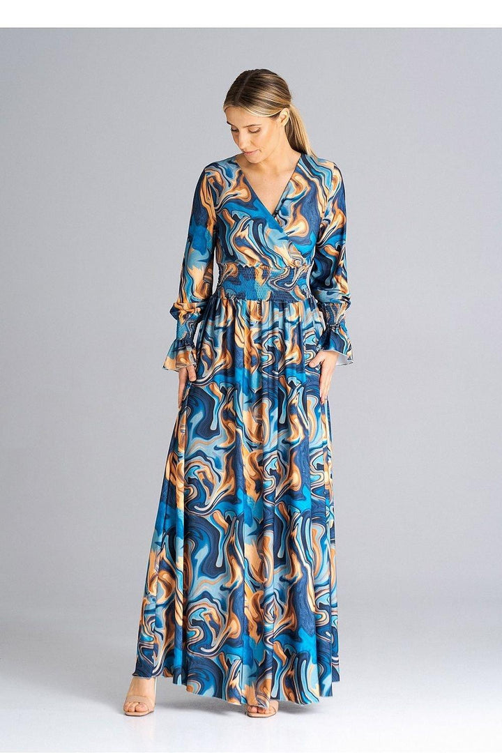 Elegant Buffet Sleeve Maxi Dress with Side Slit and Overlapped Neckline - Ludowika 
