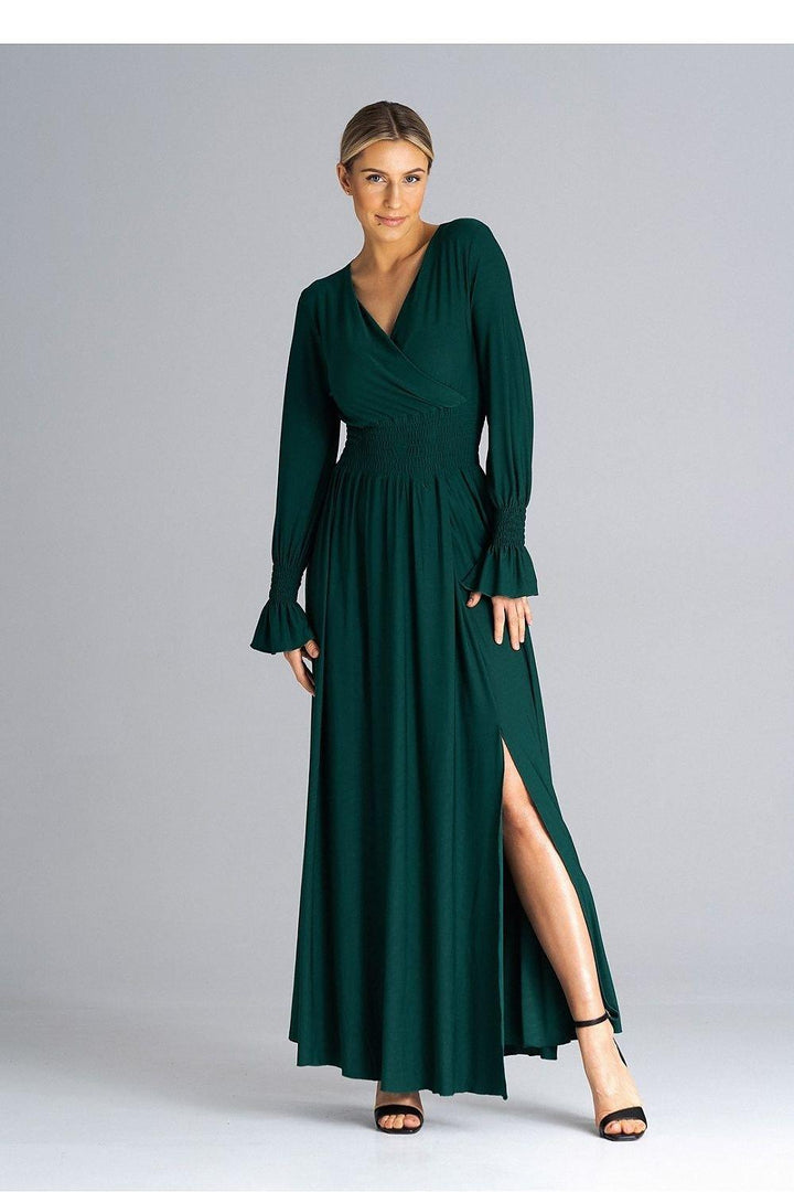 Elegant Buffet Sleeve Maxi Dress with Side Slit and Overlapped Neckline - Ludowika 