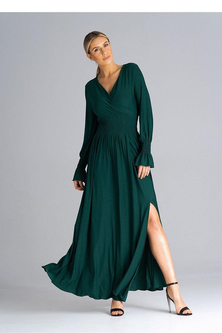 Elegant Buffet Sleeve Maxi Dress with Side Slit and Overlapped Neckline - Ludowika 