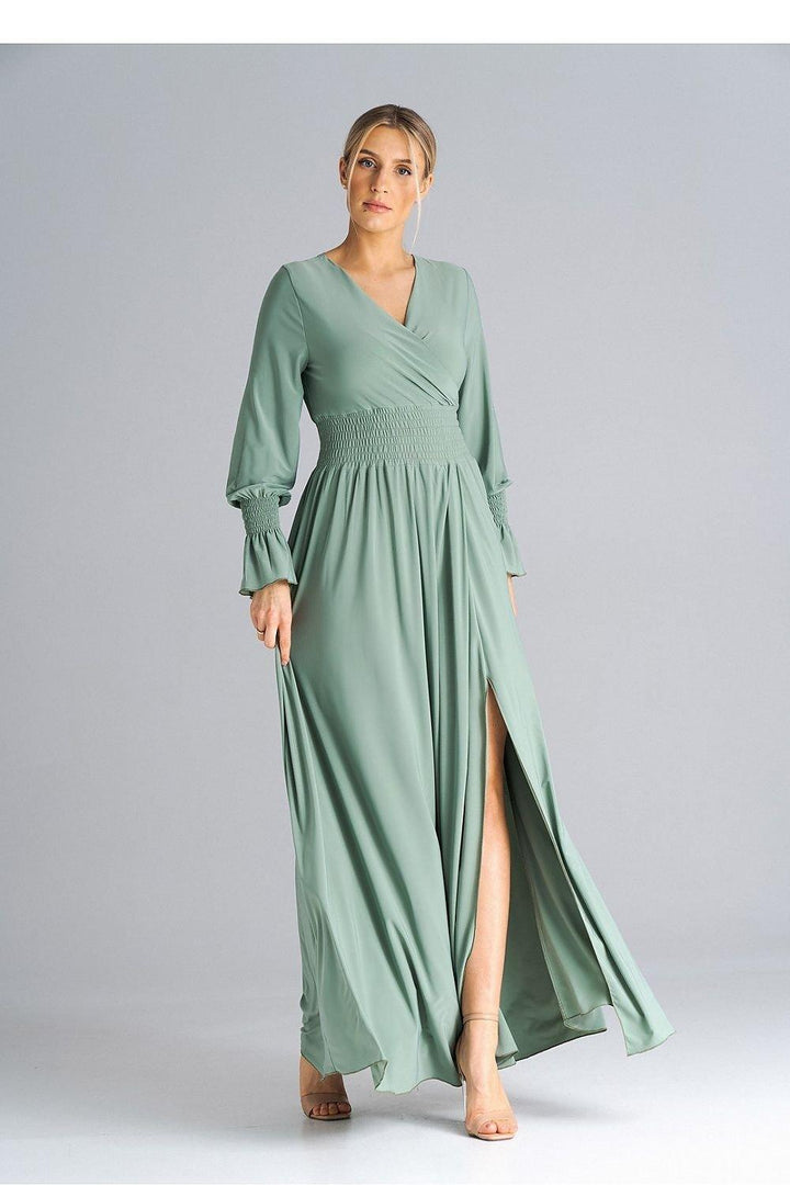 Elegant Buffet Sleeve Maxi Dress with Side Slit and Overlapped Neckline - Ludowika 