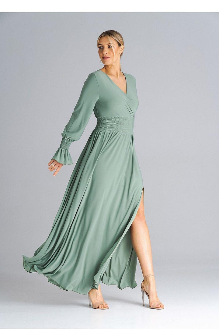 Elegant Buffet Sleeve Maxi Dress with Side Slit and Overlapped Neckline - Ludowika 