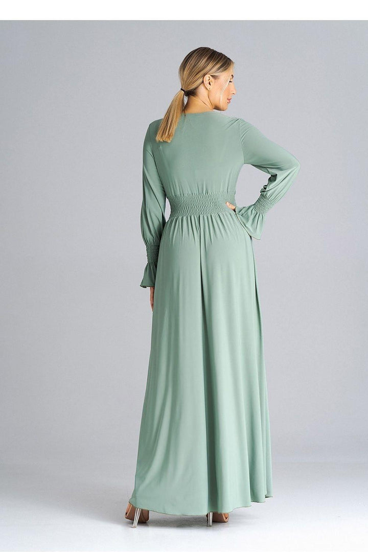 Elegant Buffet Sleeve Maxi Dress with Side Slit and Overlapped Neckline - Ludowika 