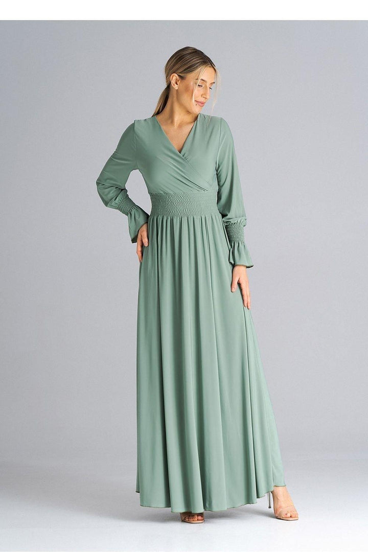 Elegant Buffet Sleeve Maxi Dress with Side Slit and Overlapped Neckline - Ludowika 
