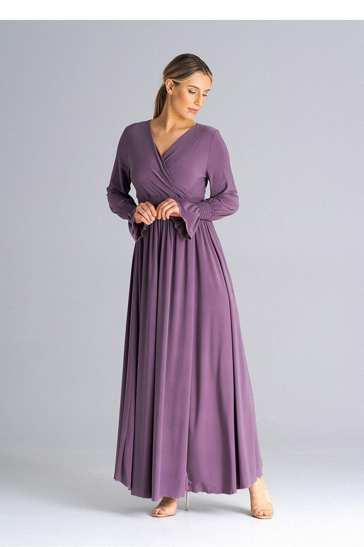 Elegant Buffet Sleeve Maxi Dress with Side Slit and Overlapped Neckline - Ludowika 