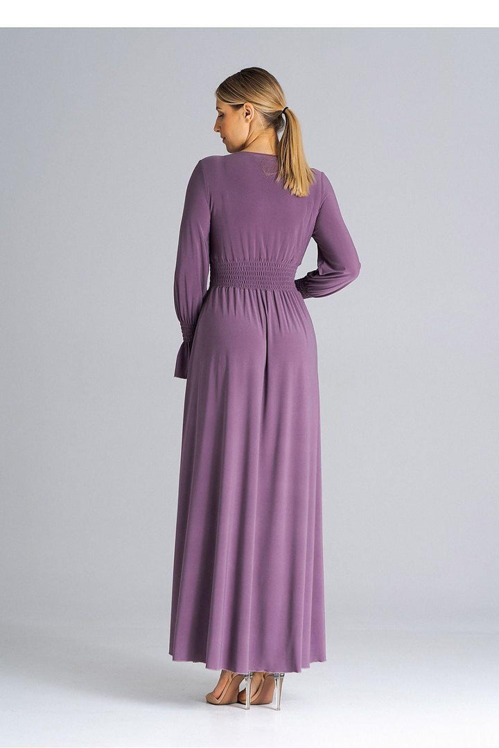 Elegant Buffet Sleeve Maxi Dress with Side Slit and Overlapped Neckline - Ludowika 