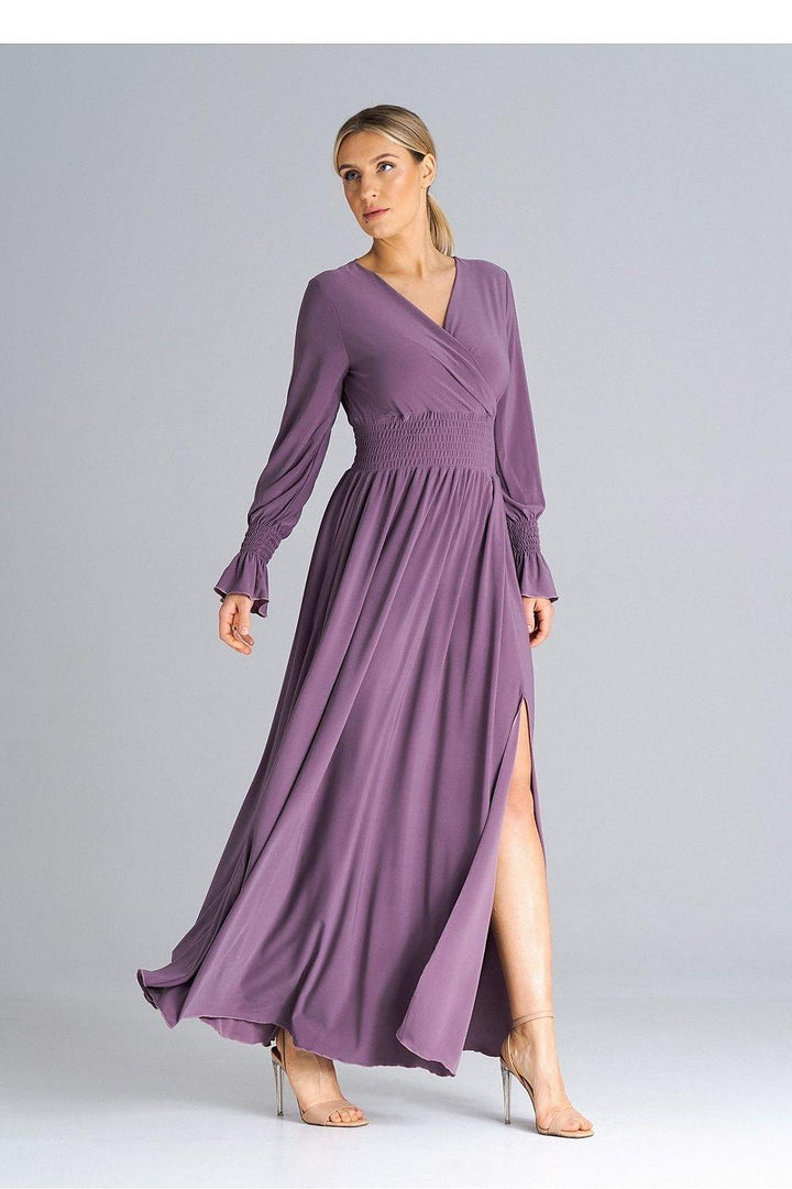 Elegant Buffet Sleeve Maxi Dress with Side Slit and Overlapped Neckline - Ludowika 
