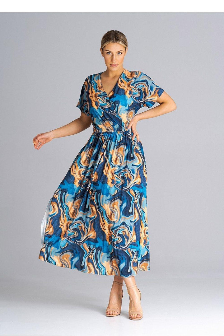 A stylish dress featuring an overlapping neckline, short draped sleeves, an elastic waistband, and asymmetrical side slits for added elegance.






