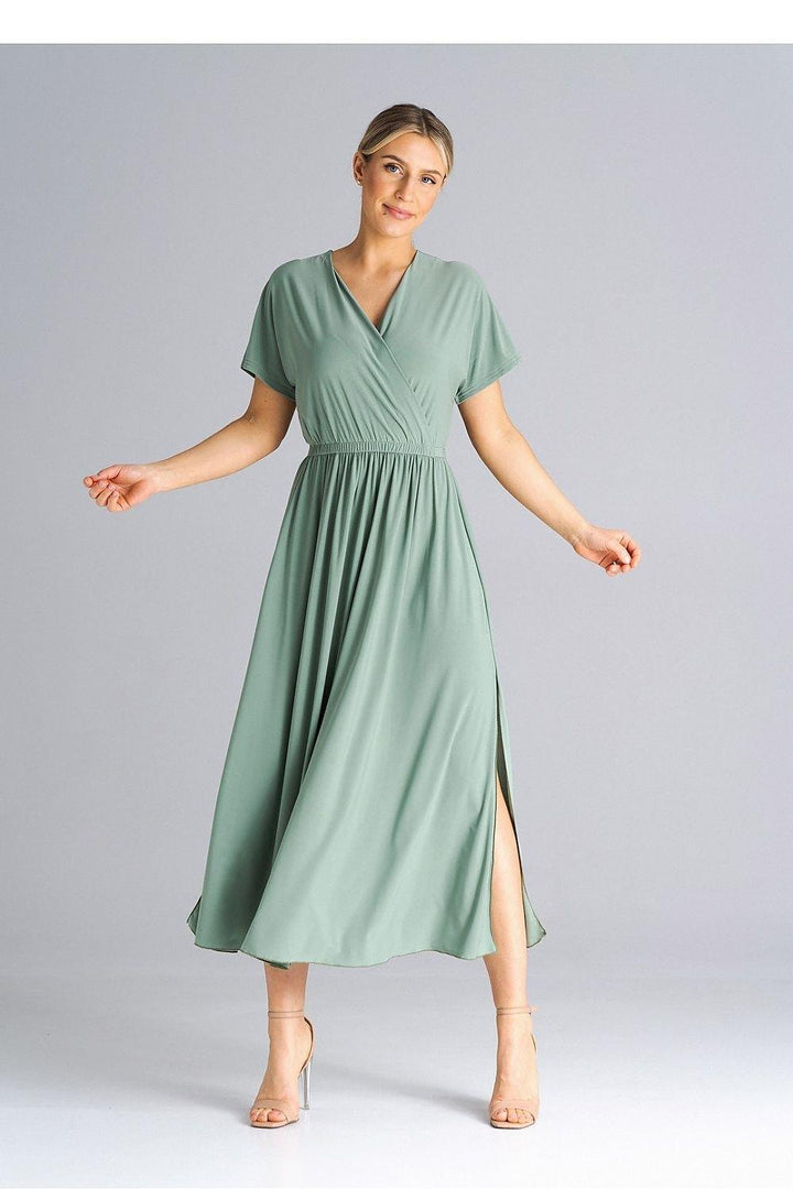 Overlapping Neckline Dress with Elastic Waist and Side Slits - Ludowika 