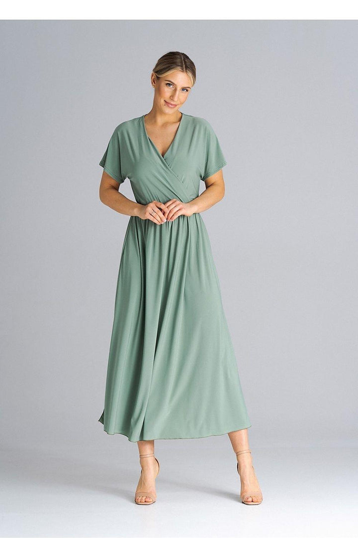 Overlapping Neckline Dress with Elastic Waist and Side Slits - Ludowika 