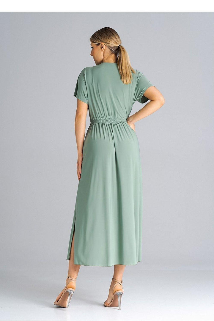 Overlapping Neckline Dress with Elastic Waist and Side Slits - Ludowika 