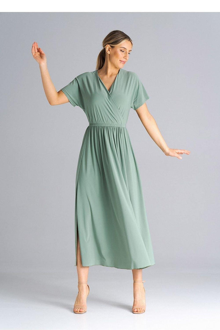 Overlapping Neckline Dress with Elastic Waist and Side Slits - Ludowika 