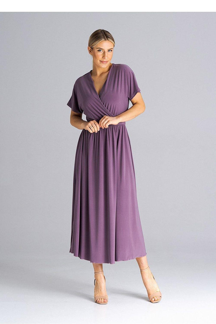 Overlapping Neckline Dress with Elastic Waist and Side Slits - Ludowika 