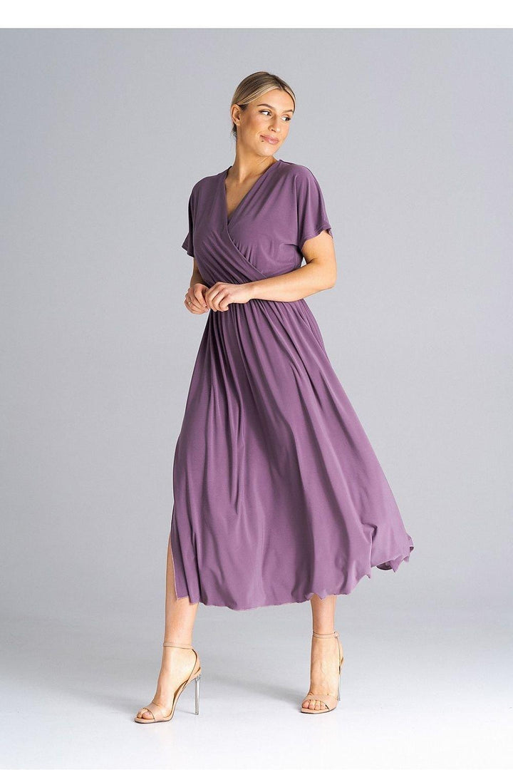Overlapping Neckline Dress with Elastic Waist and Side Slits - Ludowika 