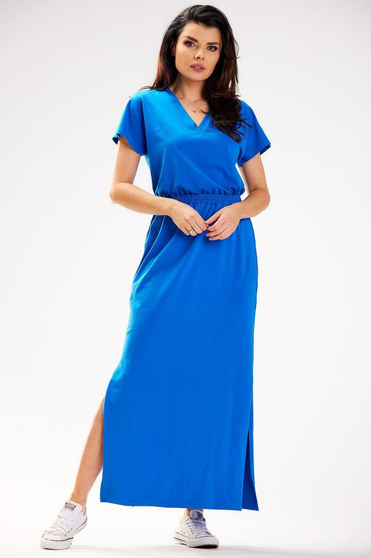 Maxi Dress with Heart Neckline and Short Sleeves