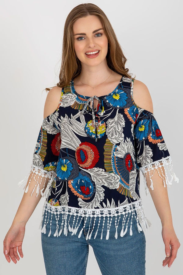 Summer Printed Blouse with 3/4 Sleeves and Tassel Tie Neckline