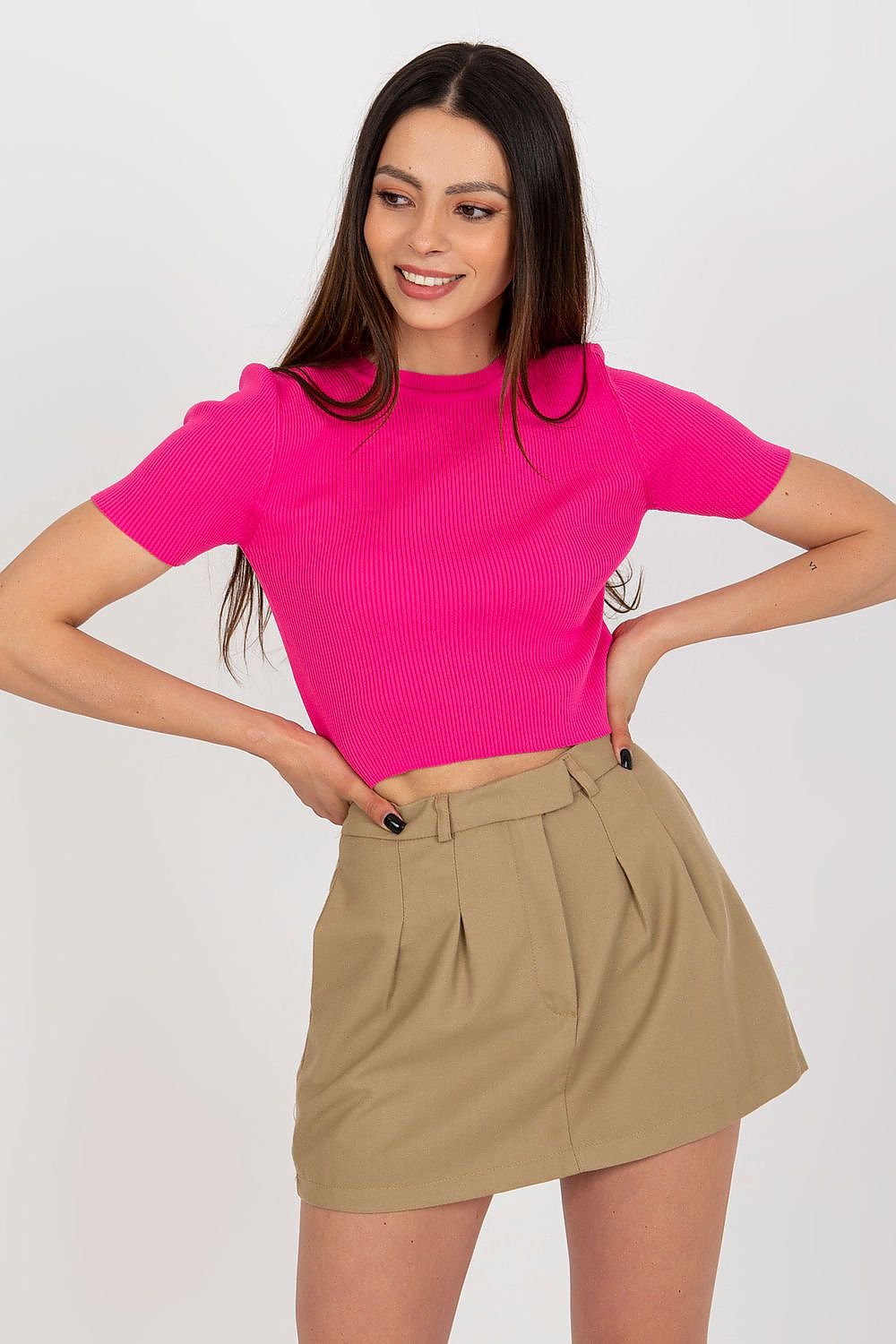 Ribbed Short Sleeve Blouse with Round Neckline