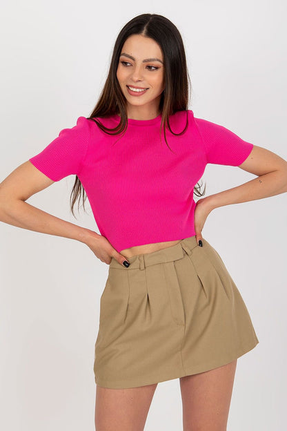 Ribbed Short Sleeve Blouse with Round Neckline