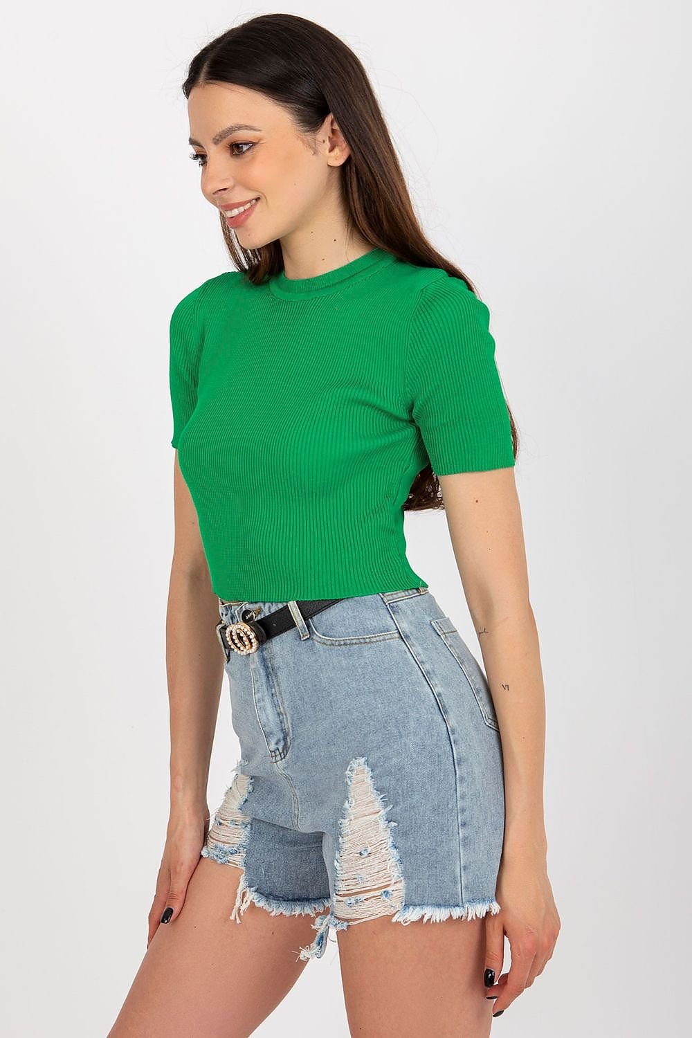 Ribbed Short Sleeve Blouse with Round Neckline