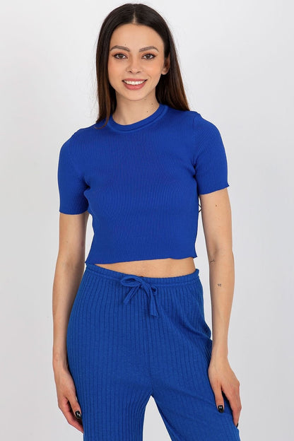 Ribbed Short Sleeve Blouse with Round Neckline