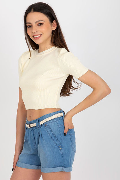 Ribbed Short Sleeve Blouse with Round Neckline