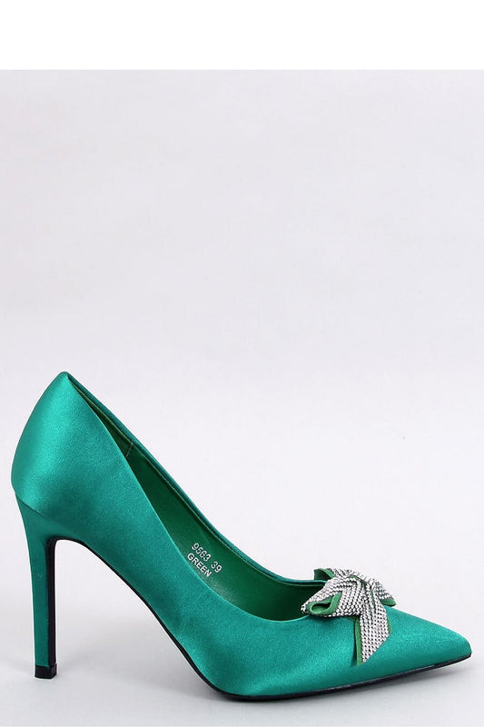 Green Satin Women's Pumps with 10 cm Stiletto Heel and Sparkling Zircon Bow Fabric