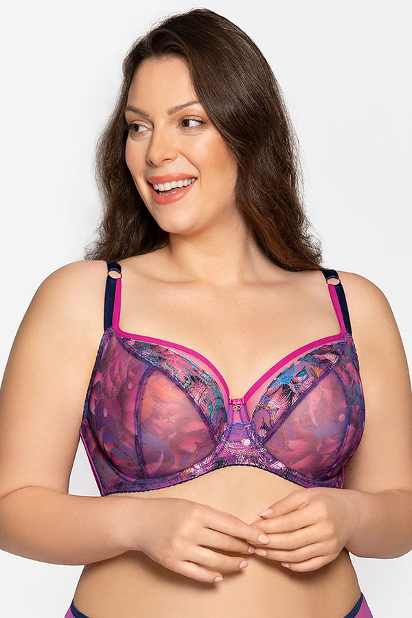 Embroidered Soft Bra with Tulle Detail and Support for Medium and Large Breasts
