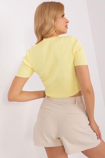 Ribbed Short Sleeve Blouse with Round Neckline