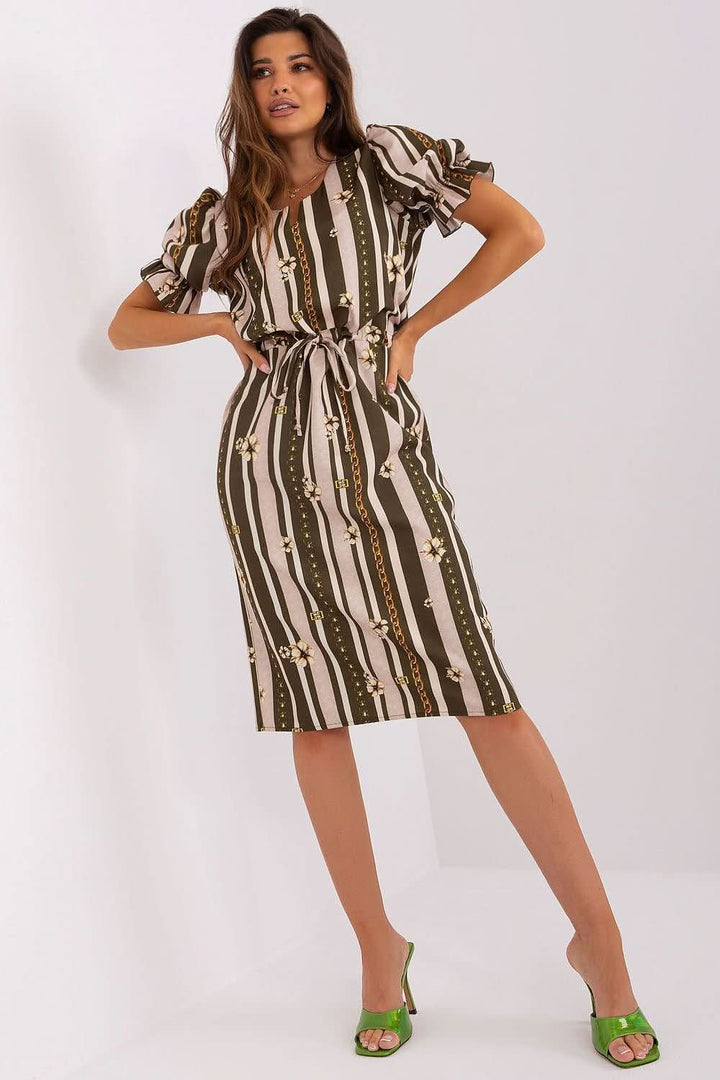Elegant Dress with Short Sleeves and Decorative Slit Neckline - Ludowika 