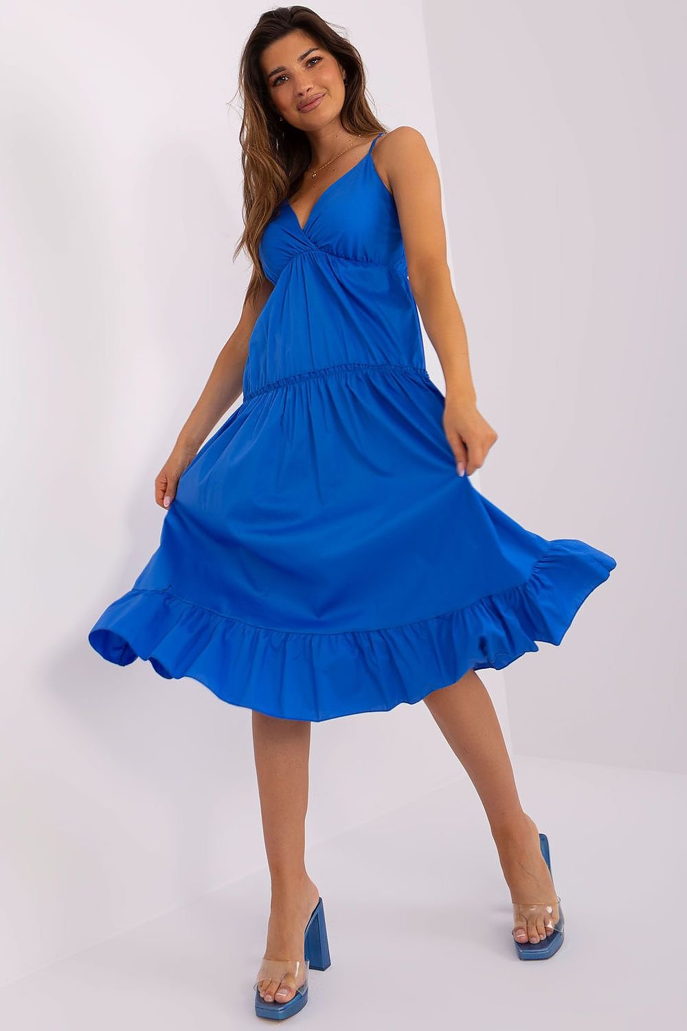 Summer Dress with Adjustable Straps, Envelope Neckline, and Flared Bottom with Decorative Ruffle