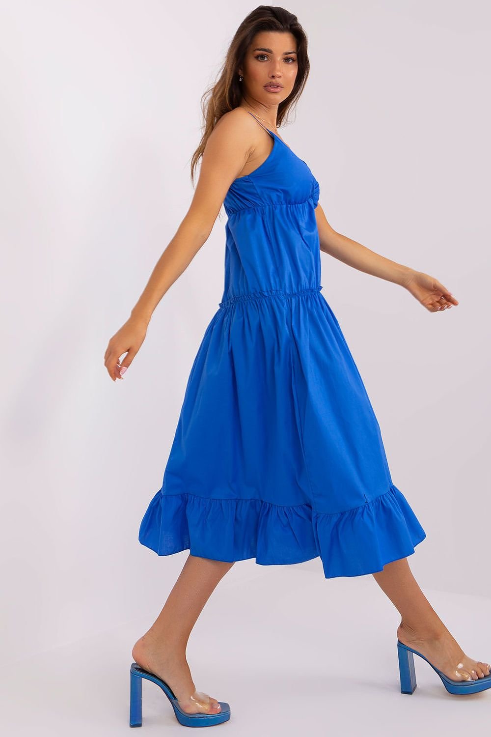 Summer Dress with Adjustable Straps, Envelope Neckline, and Flared Bottom with Decorative Ruffle