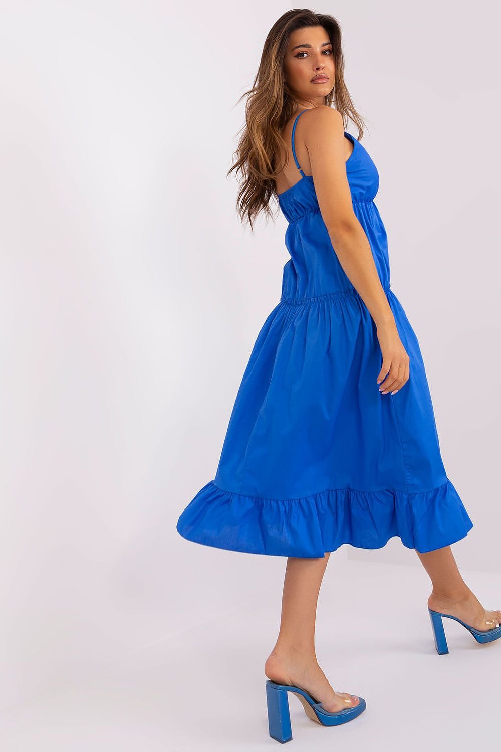 Summer Dress with Adjustable Straps, Envelope Neckline, and Flared Bottom with Decorative Ruffle