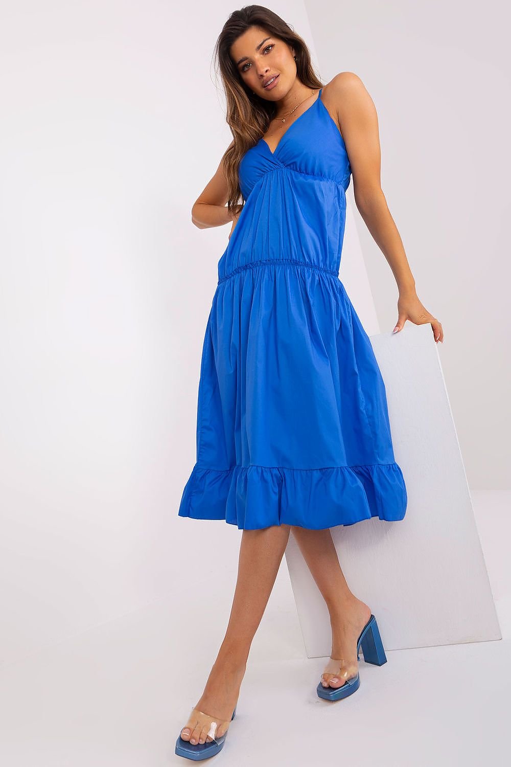 Summer Dress with Adjustable Straps, Envelope Neckline, and Flared Bottom with Decorative Ruffle