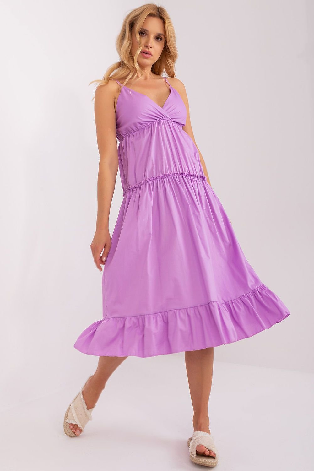 Summer Dress with Adjustable Straps, Envelope Neckline, and Flared Bottom with Decorative Ruffle