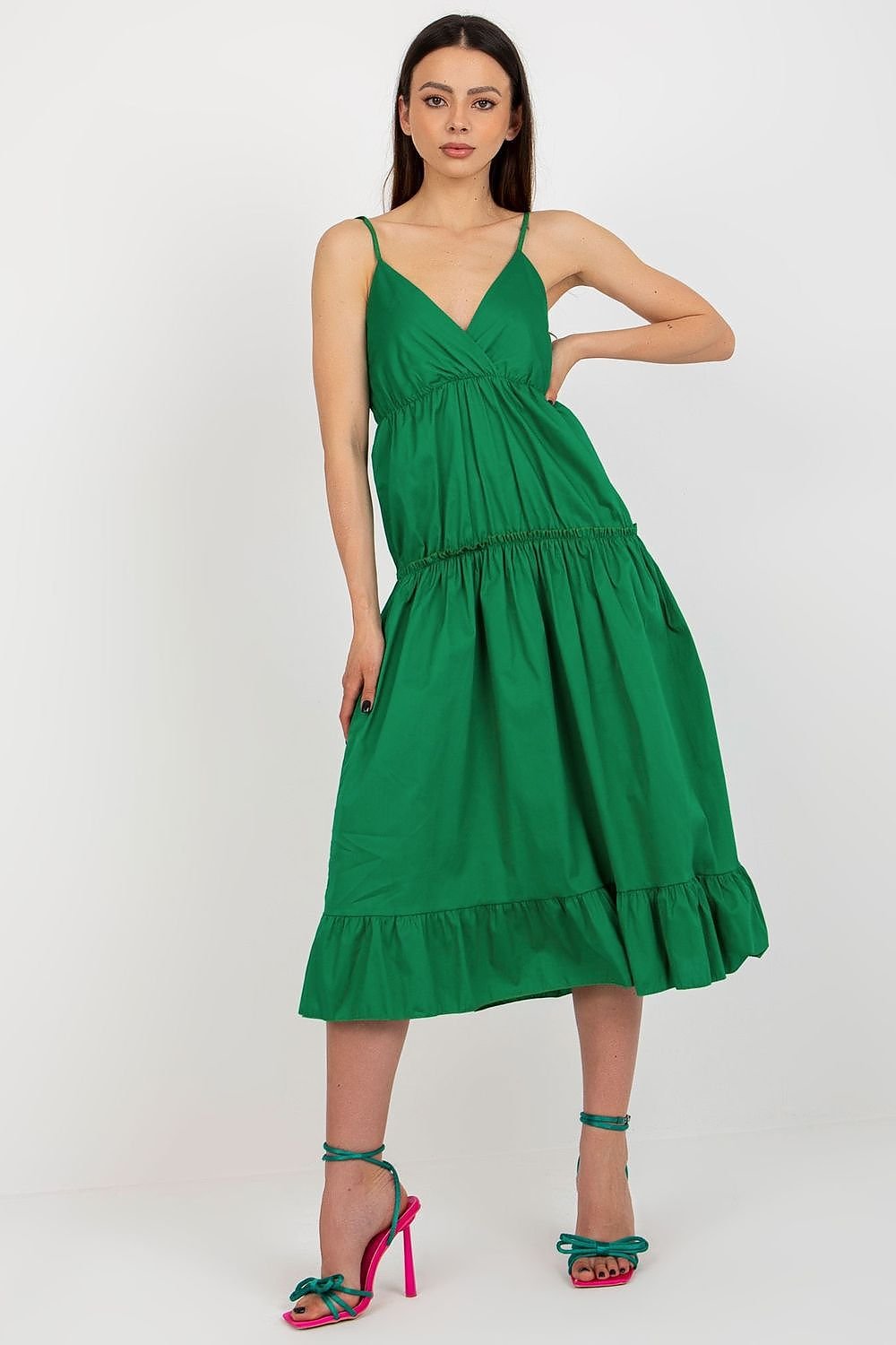 Summer Dress with Adjustable Straps, Envelope Neckline, and Flared Bottom with Decorative Ruffle